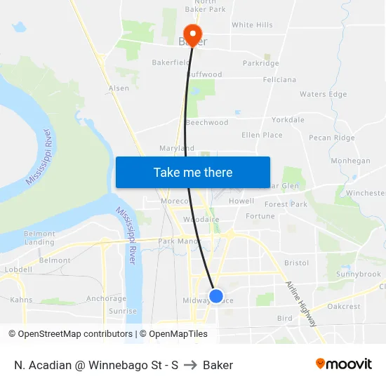 N. Acadian @ Winnebago St - S to Baker map