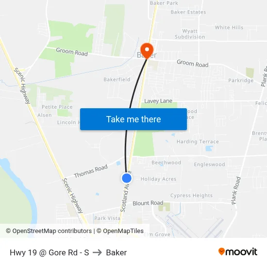 Hwy 19 @ Gore Rd - S to Baker map