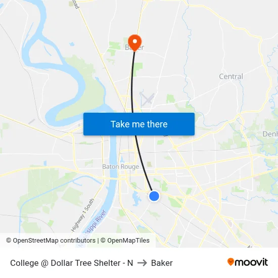 College @ Dollar Tree Shelter - N to Baker map