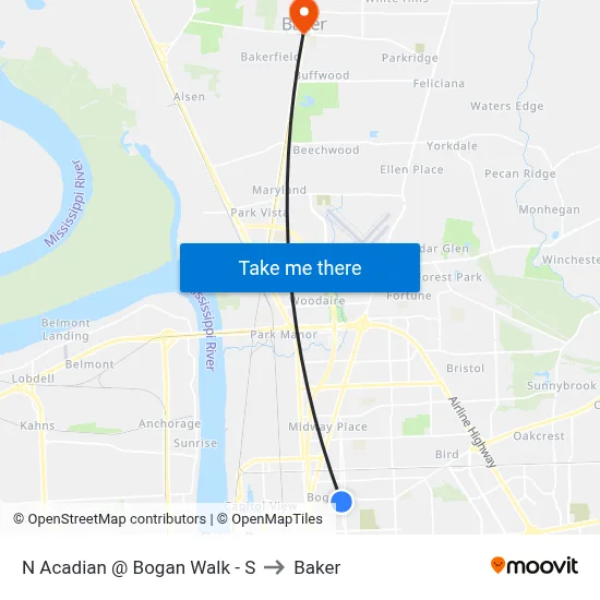N Acadian @ Bogan Walk - S to Baker map