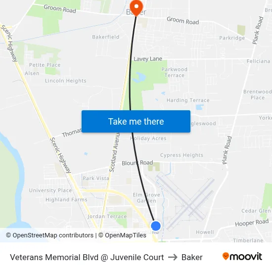Veterans Memorial Blvd @ Juvenile Court to Baker map