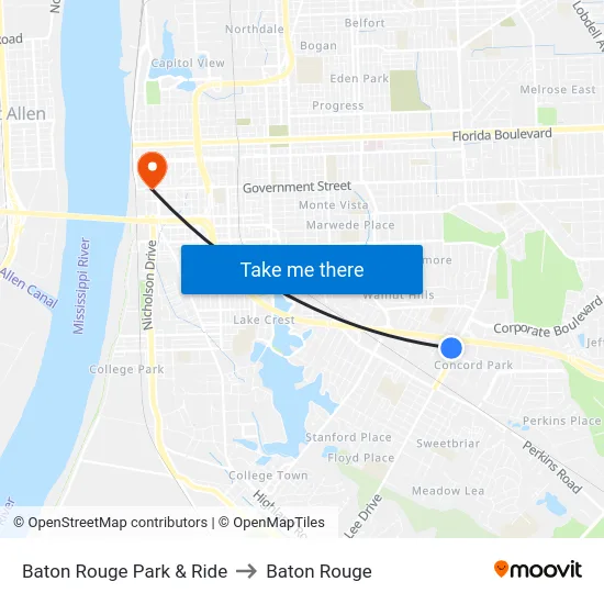 Baton Rouge Park & Ride to Baton Rouge map