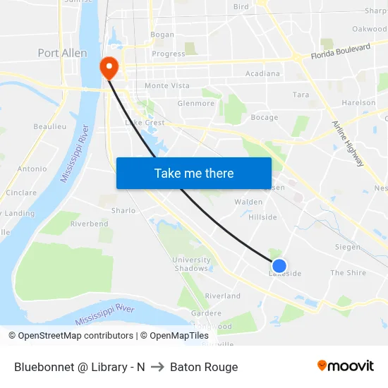 Bluebonnet @ Library - N to Baton Rouge map