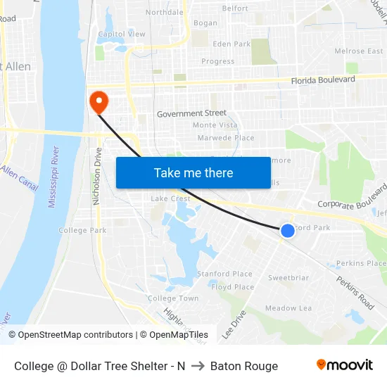 College @ Dollar Tree Shelter - N to Baton Rouge map