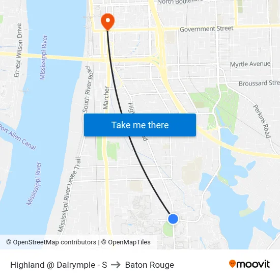 Highland @ Dalrymple - S to Baton Rouge map