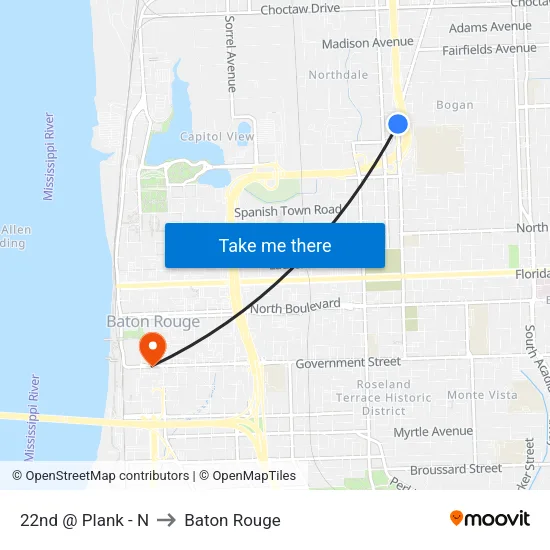 22nd @ Plank - N to Baton Rouge map