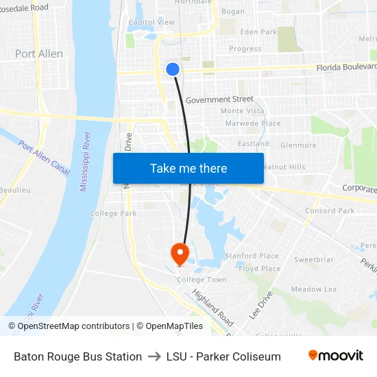Baton Rouge Bus Station to LSU - Parker Coliseum map