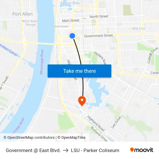 Government @ East Blvd. to LSU - Parker Coliseum map