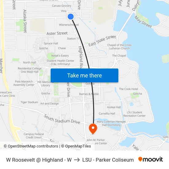 W Roosevelt @ Highland - W to LSU - Parker Coliseum map