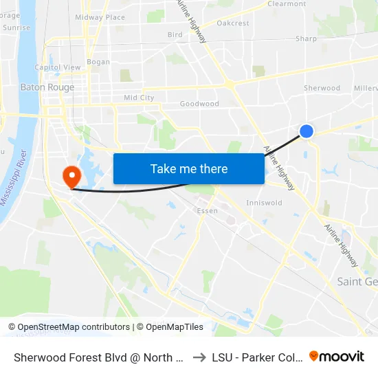 Sherwood Forest Blvd @ North Harrells Fe to LSU - Parker Coliseum map