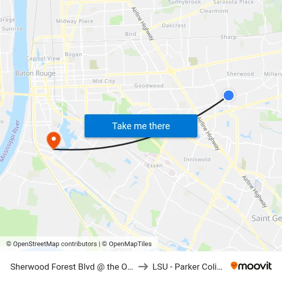 Sherwood Forest Blvd @ the Oaks - N to LSU - Parker Coliseum map