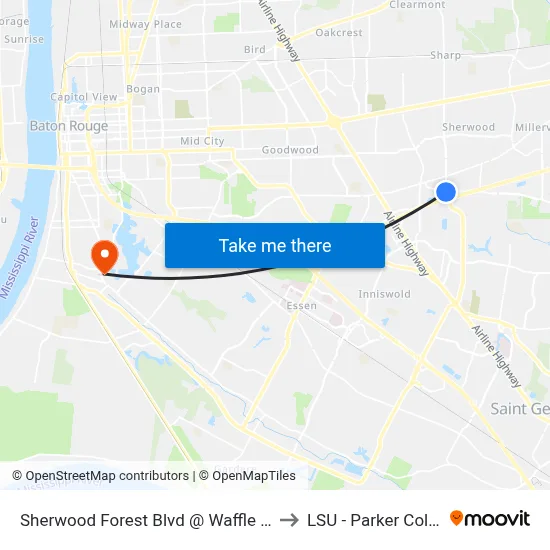 Sherwood Forest Blvd @ Waffle House - S to LSU - Parker Coliseum map