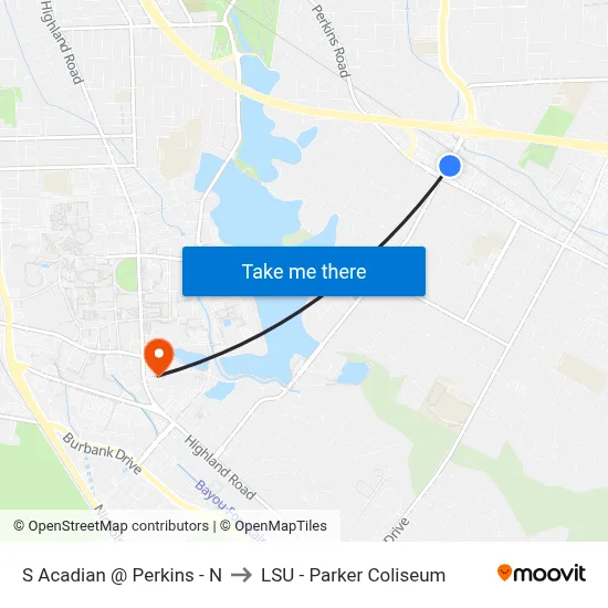 S Acadian @ Perkins - N to LSU - Parker Coliseum map