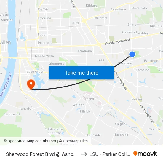 Sherwood Forest Blvd @ Ashbourne - N to LSU - Parker Coliseum map