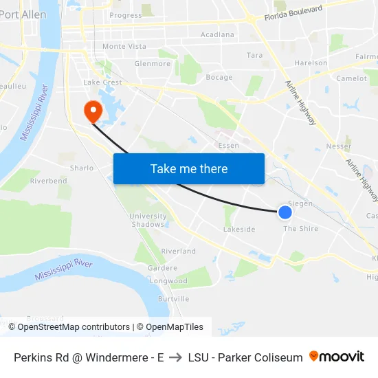 Perkins Rd @ Windermere - E to LSU - Parker Coliseum map