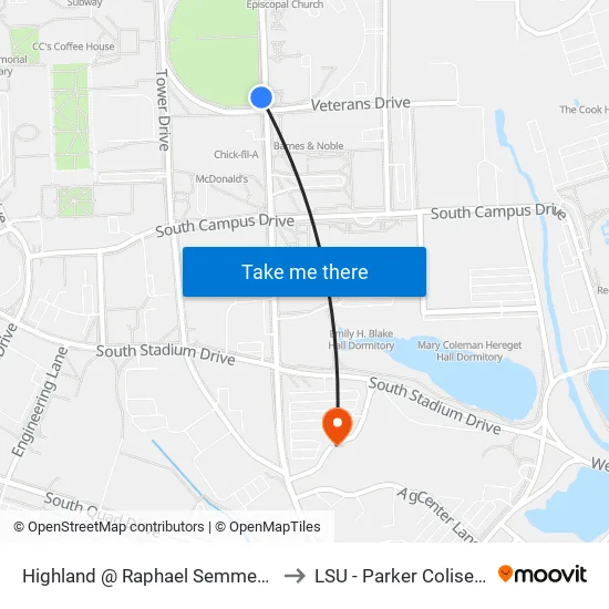 Highland @ Raphael Semmes - S to LSU - Parker Coliseum map
