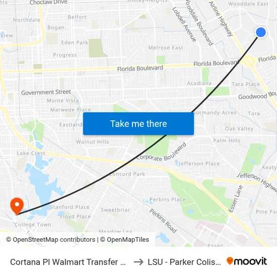 Cortana Pl  Walmart Transfer Center to LSU - Parker Coliseum map