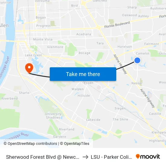 Sherwood Forest Blvd @ Newcastle - S to LSU - Parker Coliseum map
