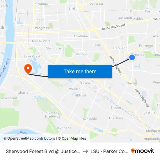 Sherwood Forest Blvd @ Justice Ave Shopp to LSU - Parker Coliseum map