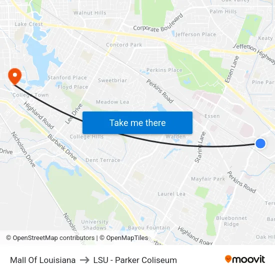 Mall Of Louisiana to LSU - Parker Coliseum map
