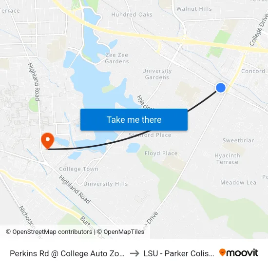 Perkins Rd @ College Auto Zone - W to LSU - Parker Coliseum map