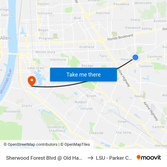 Sherwood Forest Blvd @ Old Hammond/Sonic to LSU - Parker Coliseum map