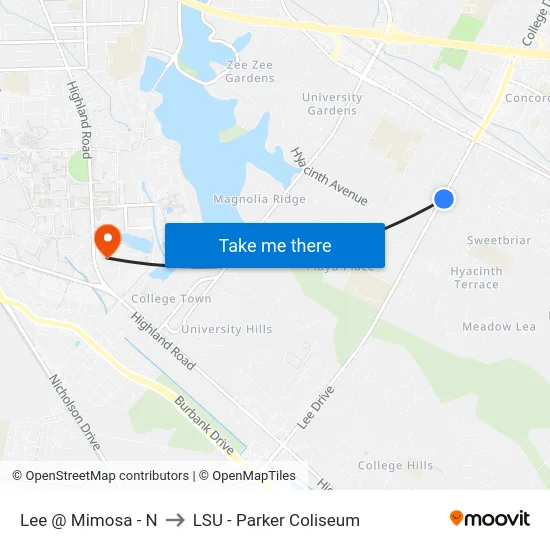 Lee @ Mimosa - N to LSU - Parker Coliseum map