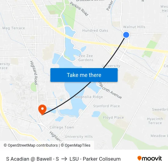 S Acadian @ Bawell - S to LSU - Parker Coliseum map