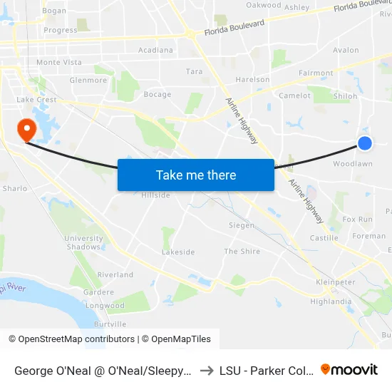 George O'Neal @ O'Neal/Sleepy Hollow Dr to LSU - Parker Coliseum map