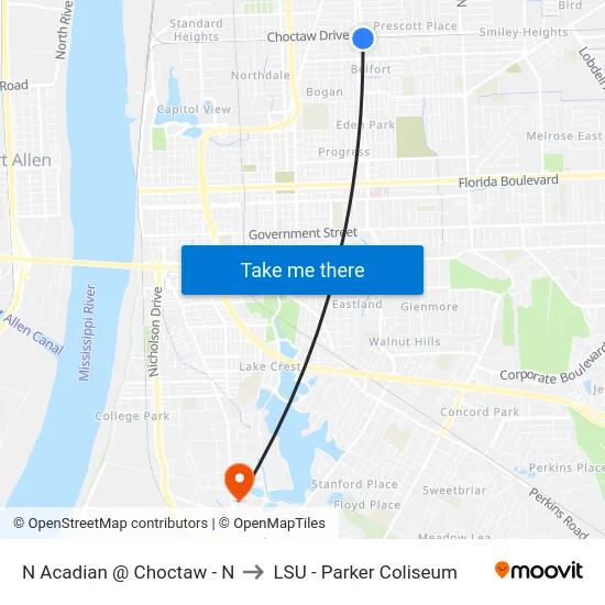 N Acadian @ Choctaw - N to LSU - Parker Coliseum map
