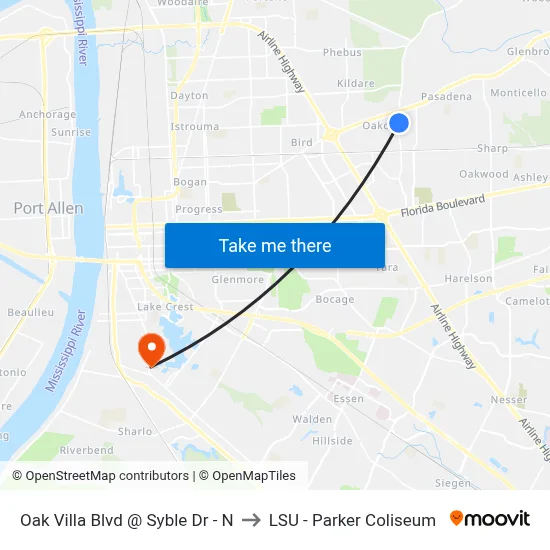 Oak Villa Blvd @ Syble Dr - N to LSU - Parker Coliseum map