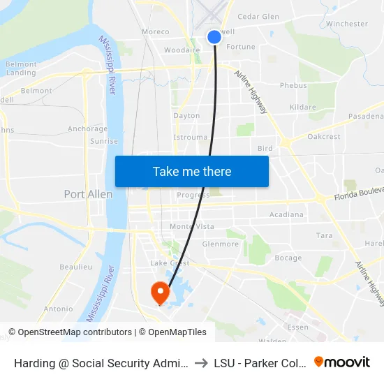 Harding @ Social Security Administration to LSU - Parker Coliseum map