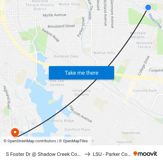 S Foster Dr @ Shadow Creek Condominiums to LSU - Parker Coliseum map