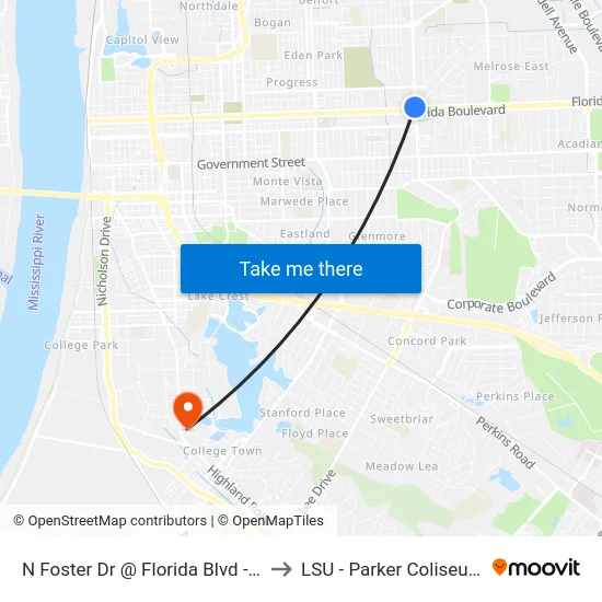 N Foster Dr @ Florida Blvd - S to LSU - Parker Coliseum map