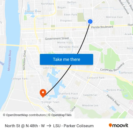 North St @ N 48th - W to LSU - Parker Coliseum map