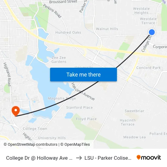 College Dr @ Holloway Ave - N to LSU - Parker Coliseum map