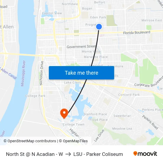 North St @ N Acadian - W to LSU - Parker Coliseum map