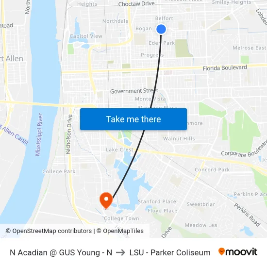N Acadian @ GUS Young - N to LSU - Parker Coliseum map