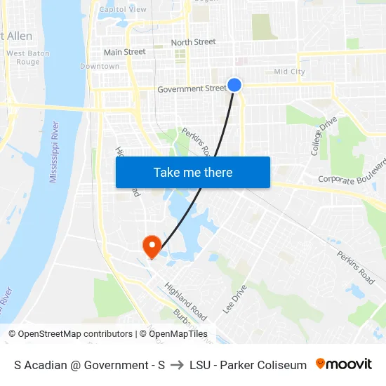 S Acadian @ Government - S to LSU - Parker Coliseum map