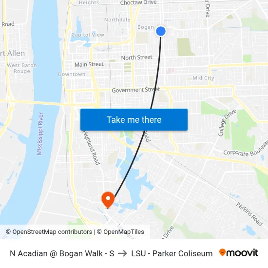 N Acadian @ Bogan Walk - S to LSU - Parker Coliseum map