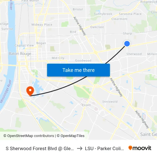 S Sherwood Forest Blvd @ Glenda - N to LSU - Parker Coliseum map