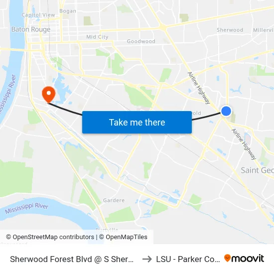 Sherwood Forest Blvd @ S Sherwood Square to LSU - Parker Coliseum map