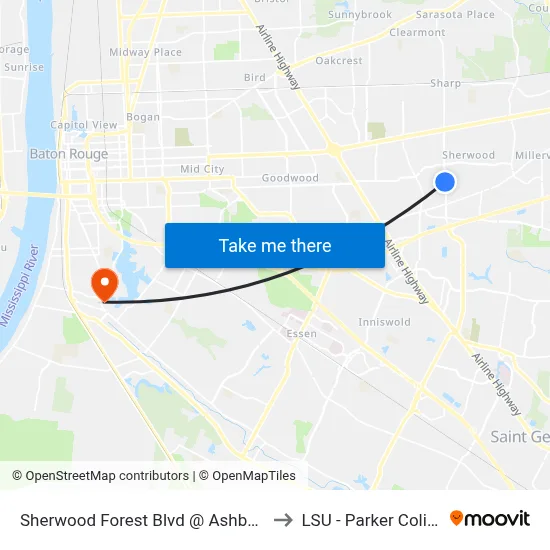 Sherwood Forest Blvd @ Ashbourne - S to LSU - Parker Coliseum map