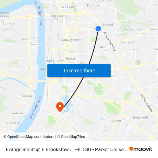 Evangeline St @ E Brookstown - E to LSU - Parker Coliseum map