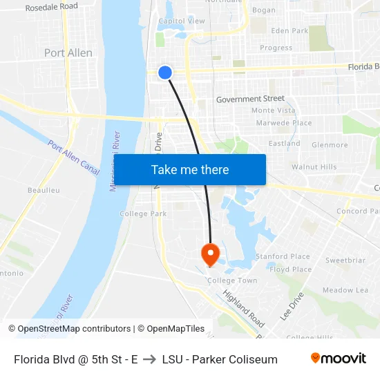 Florida Blvd @ 5th St - E to LSU - Parker Coliseum map