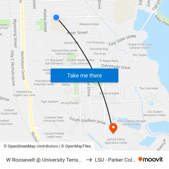 W Roosevelt @ University Terrace Element to LSU - Parker Coliseum map