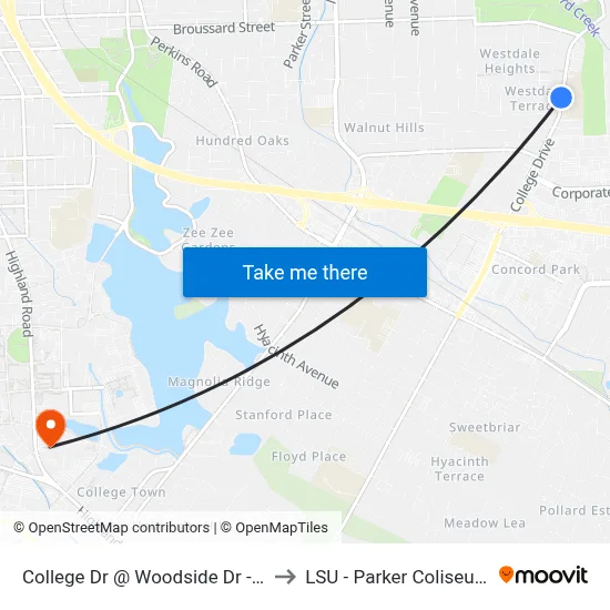 College Dr @ Woodside Dr - S to LSU - Parker Coliseum map