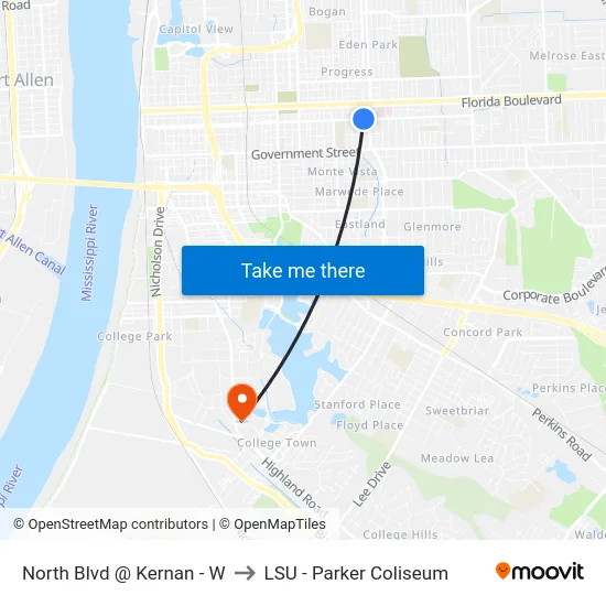 North Blvd @ Kernan - W to LSU - Parker Coliseum map
