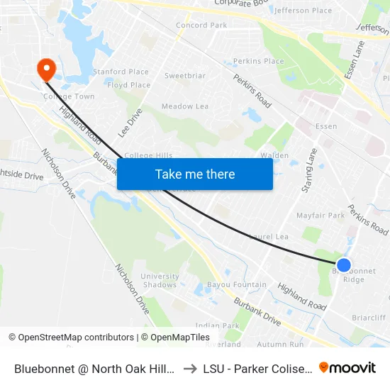 Bluebonnet @ North Oak Hills - N to LSU - Parker Coliseum map