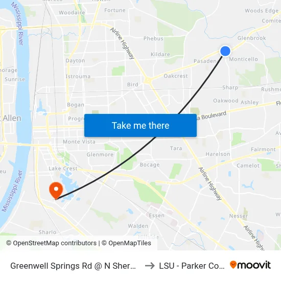 Greenwell Springs Rd @ N Sherwood Forest to LSU - Parker Coliseum map